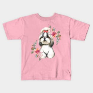 Cute Shih Tzu Puppy Dog with Flowers Watercolor Art Kids T-Shirt